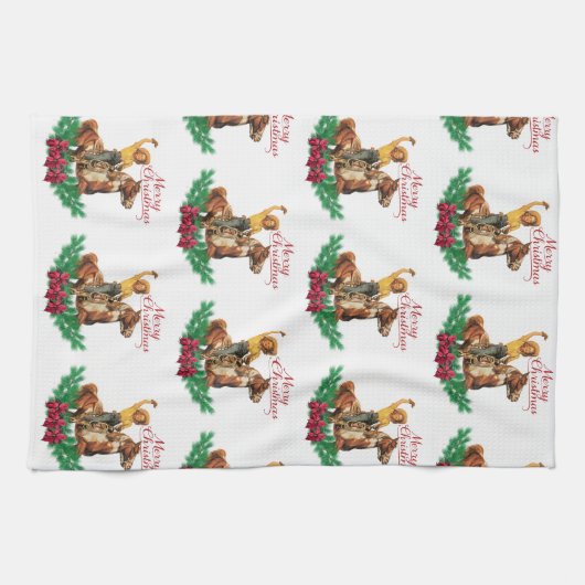 ヴィンテージ女性のカーボーイオンホースメリークリスマス キッチンタオル (横)
