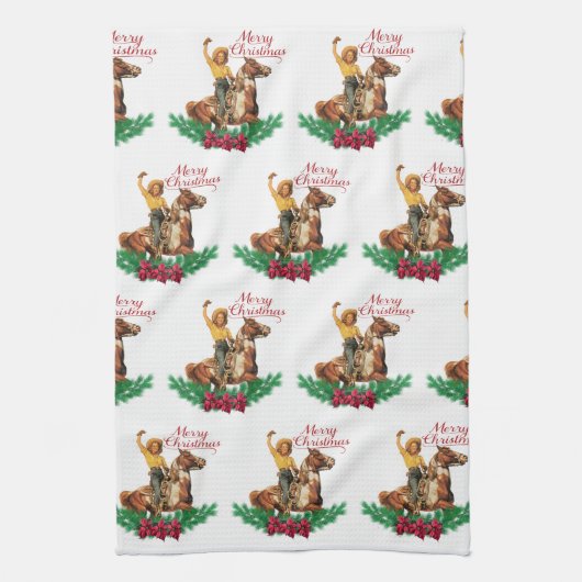 ヴィンテージ女性のカーボーイオンホースメリークリスマス キッチンタオル (縦)