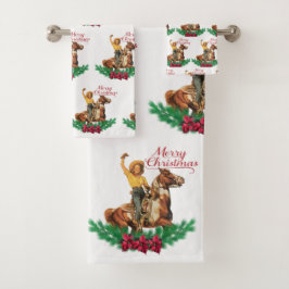 ヴィンテージ女性のカーボーイオンホースメリークリスマス バスタオルセット
