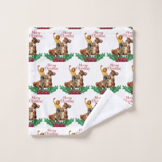 ヴィンテージ女性のカーボーイオンホースメリークリスマス バスタオルセット (ウォッシュタオル)