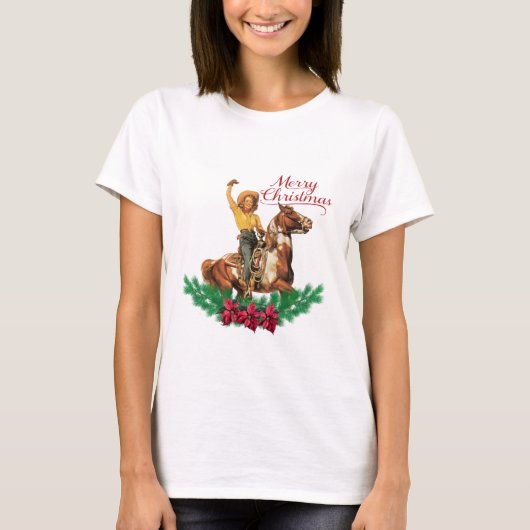 ヴィンテージ女性のカーボーイオンホースメリークリスマス Tシャツ (正面)