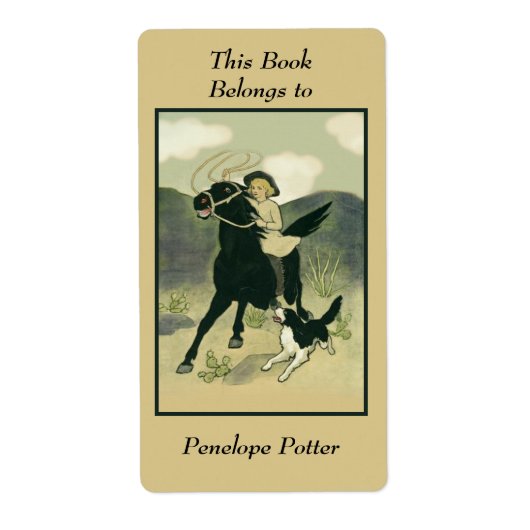 ヴィンテージ女性のカーボーイオンホース付き犬蔵書票 ラベル (正面)