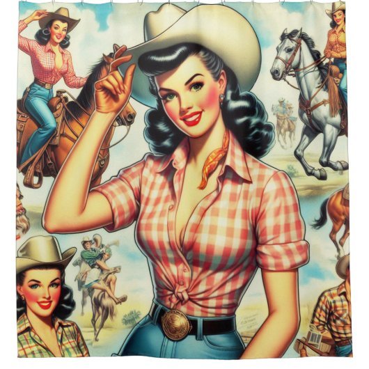 ヴィンテージ女性のカーボーイシームレスイラストレーション シャワーカーテン (正面)