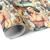 ヴィンテージ女性のカーボーイシームレスイラストレーション ラッピングペーパー (ロールコーナー)