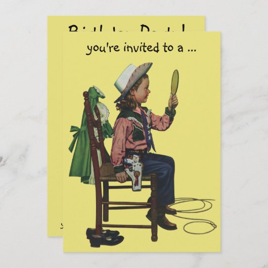 ヴィンテージ女性のカーボーイスリーポバーガールバースデーパーティー 招待状 (正面/裏面)