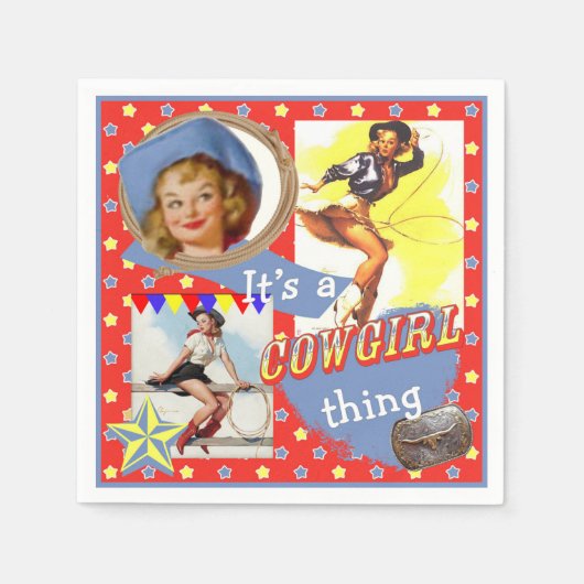 ヴィンテージ女性のカーボーイローピンウェスタンパーティー スタンダードカクテルナプキン (正面)
