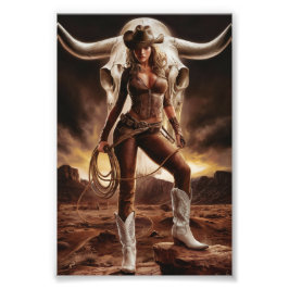 ヴィンテージ女性のカーボーイ付き牛スカル フォトプリント           