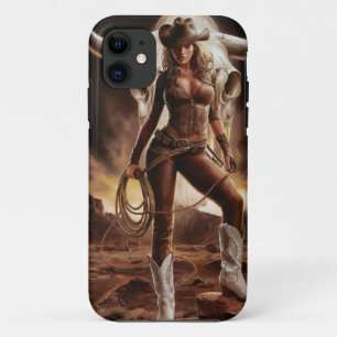 ヴィンテージ女性のカーボーイ付き牛スカル iPhone 11 ケース