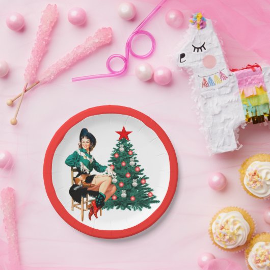 ヴィンテージ女性のカーボーイ(クリスマスツリーレッド付き縁ど) ペーパープレート (パーティー)