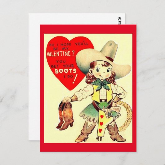 ヴィンテージ女性のカーボーイ&ブーツ1950年代バレンタイン ポストカード (正面/裏面)