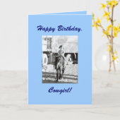 ヴィンテージ女性のカーボーイ&ポニー誕生日ウィッシュ カード (黄色い花)