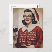 ヴィンテージ女性クリスマスワイン ポストカード (正面/裏面)