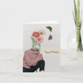 ヴィンテージ女性デイジー蝶ハッピーバースデー カード (正面)