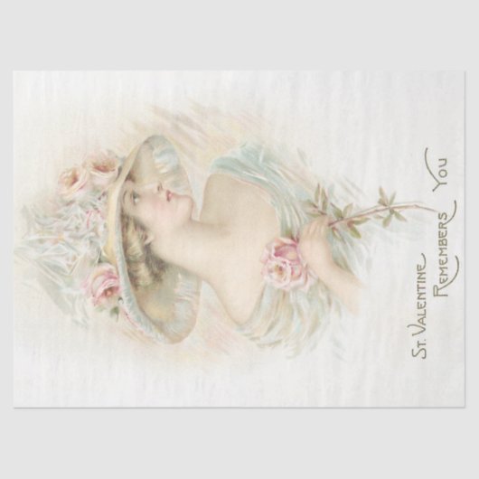 ヴィンテージ女性ピンクローズバレンタインデコップクラフト 薄葉紙 (正面)