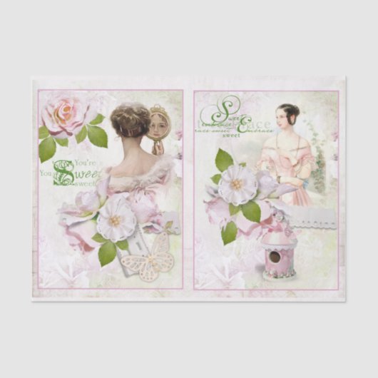 ヴィンテージ女性ピンクローズホワイトフローラデコパージュ 薄葉紙 (正面)