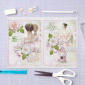 ヴィンテージ女性ピンクローズホワイトフローラデコパージュ 薄葉紙 (クラフト)