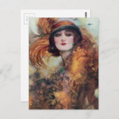 ヴィンテージ女性ポートレート20sフロップハットアート ポストカード (正面/裏面)