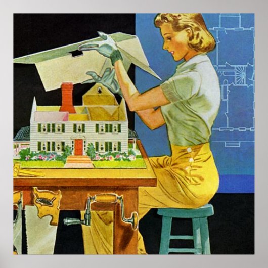 ヴィンテージ女性建築家ミニチュアハウスブループリント ポスター (正面)