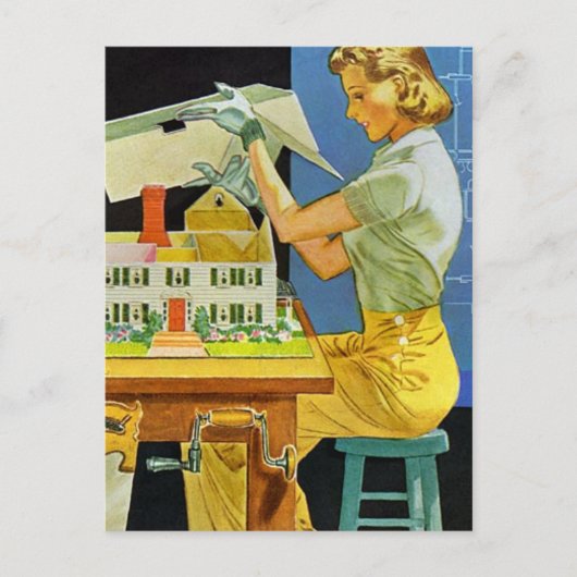 ヴィンテージ女性建築家ミニチュアハウスブループリント ポストカード (正面)