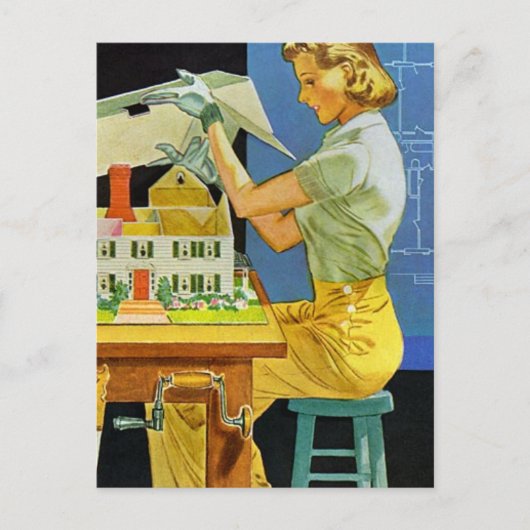 ヴィンテージ女性建築家ミニチュアハウスブループリント ポストカード (正面)