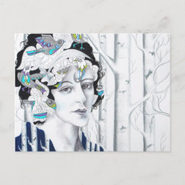 ヴィンテージ女性樺の木木鳥葉書 ポストカード