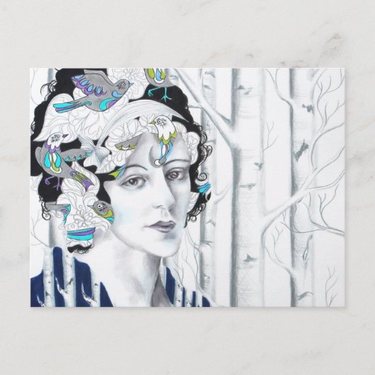 ヴィンテージ女性樺の木木鳥葉書 ポストカード (正面)