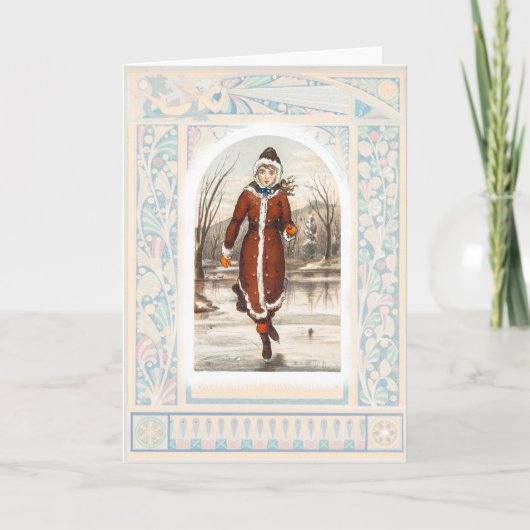 ヴィンテージ女性氷スケートで滑る(1865年~1899年)クリスマス シーズンカード (正面)