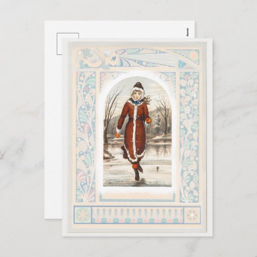 ヴィンテージ女性氷スケートで滑る（1865年～1899年）クリスマス シーズンポストカード (正面/裏面)