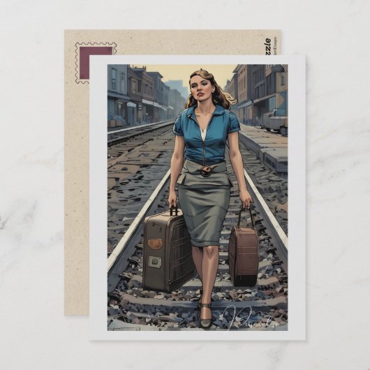 ヴィンテージ女性駅トラックスーツケース ポストカード (正面/裏面)