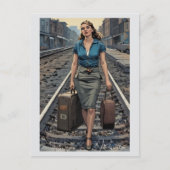 ヴィンテージ女性駅トラックスーツケース ポストカード (正面)