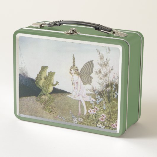 ヴィンテージ妖精と2匹のカエル、レトロ童話 メタルランチボックス (正面)