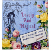 ヴィンテージ妖精カスタムの花のグリーティングネームブルー シャワーカーテン (正面)