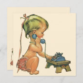 ヴィンテージ子おもちゃ電話で話すかわいい金髪の女の子 (正面/裏面)