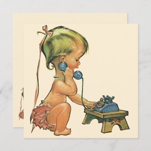 ヴィンテージ子おもちゃ電話で話すかわいい金髪の女の子 (正面/裏面)