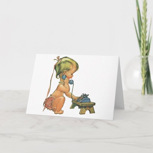 ヴィンテージ子おもちゃ電話で話すかわいい金髪の女の子 カード (正面)