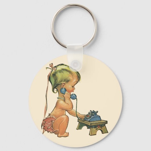 ヴィンテージ子おもちゃ電話で話すかわいい金髪の女の子 キーホルダー (正面)