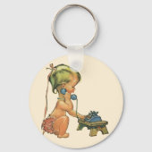 ヴィンテージ子おもちゃ電話で話すかわいい金髪の女の子 キーホルダー (裏面)