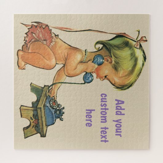 ヴィンテージ子おもちゃ電話で話すかわいい金髪の女の子 ジグソーパズル (横)