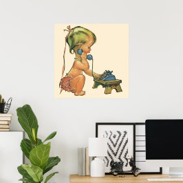 ヴィンテージ子おもちゃ電話で話すかわいい金髪の女の子 ポスター