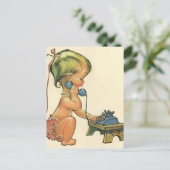 ヴィンテージ子おもちゃ電話で話すかわいい金髪の女の子 ポストカード (スタンド正面)