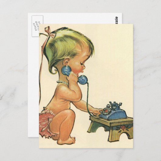 ヴィンテージ子おもちゃ電話で話すかわいい金髪の女の子 ポストカード (正面/裏面)