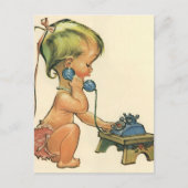 ヴィンテージ子おもちゃ電話で話すかわいい金髪の女の子 ポストカード (正面)