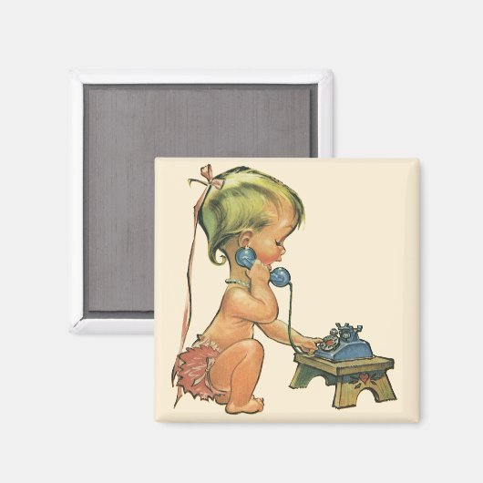 ヴィンテージ子おもちゃ電話で話すかわいい金髪の女の子 マグネット (正面/裏面)