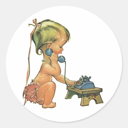ヴィンテージ子おもちゃ電話で話すかわいい金髪の女の子 ラウンドシール (正面)