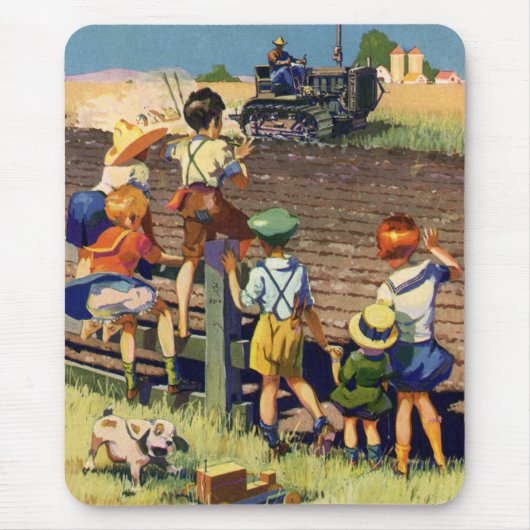 ヴィンテージ子がローカル農家オントラクターに手を振る マウスパッド (正面)