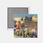 ヴィンテージ子がローカル農家オントラクターに手を振る マグネット (正面/裏面)