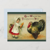 ヴィンテージ子が七面鳥にトウモロコシを提供する感謝祭 ポストカード (正面/裏面)