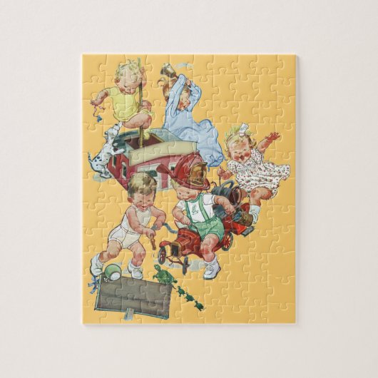 ヴィンテージ子ども達遊が消防車で遊ぶ ジグソーパズル (縦)