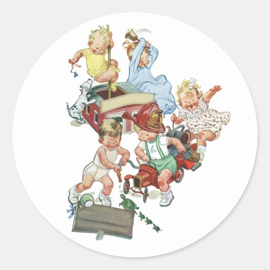 ヴィンテージ子ども達遊が消防車で遊ぶ ラウンドシール (正面)