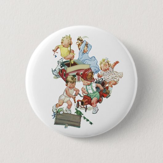 ヴィンテージ子ども達遊が消防車で遊ぶ 缶バッジ (正面)